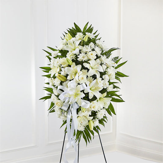 Exquisite Tribute Standing Spray-White Ribbon – ELENA'S FLOWERS, Cleveland OH