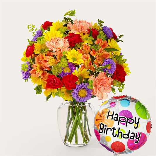 Kaleidoscope Bouquet with Birthday Balloon – ELENA'S FLOWERS, Cleveland OH